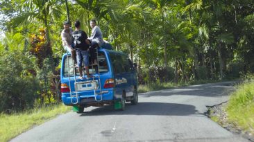 Guys Hanging Off of Van Going Around Curve in Road in Paradise Setting of Flores Island