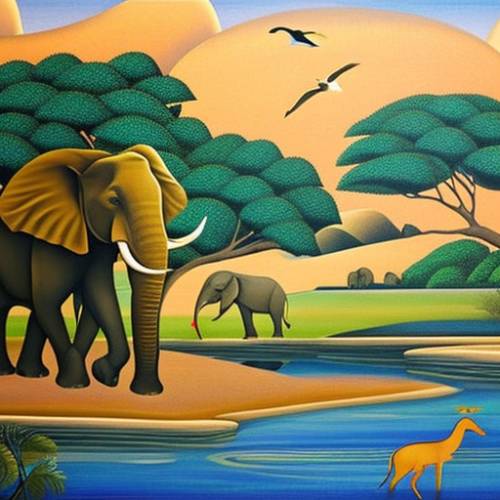Elephants, crocodiles and antelope in a safari setting