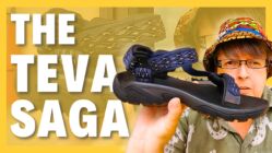 Trina holding out a hiking sandal with the words, The Teva Saga behind her